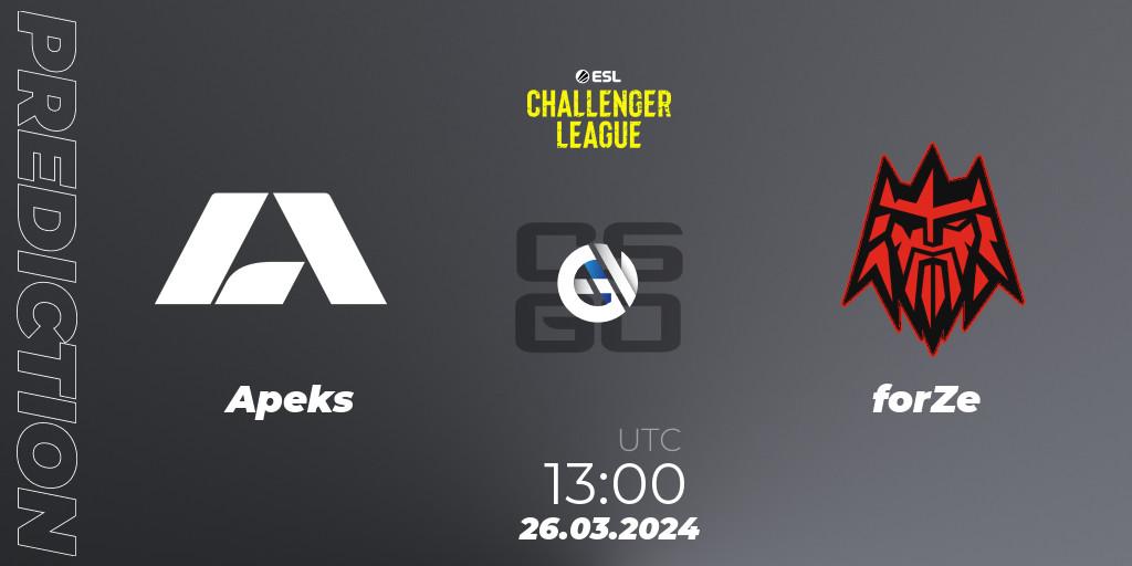 Apeks contre forZe : prédiction de match. 26.03.24. CS2 (CS:GO), ESL Challenger League Season 47: Europe