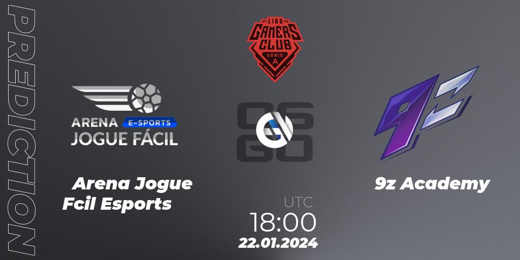 Arena Jogue Fácil Esports contre 9z Academy : prédiction de match. 26.01.2024 at 18:00. Counter-Strike (CS2), Gamers Club Liga Série A: January 2024