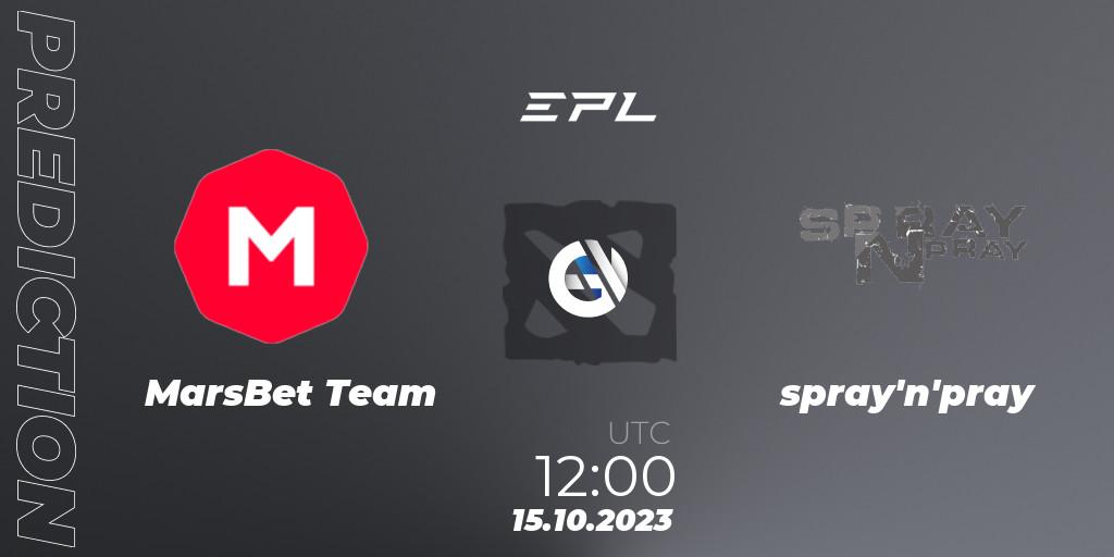 MarsBet Team contre spray'n'pray : prédiction de match. 15.10.2023 at 12:00. Dota 2, European Pro League Season 13