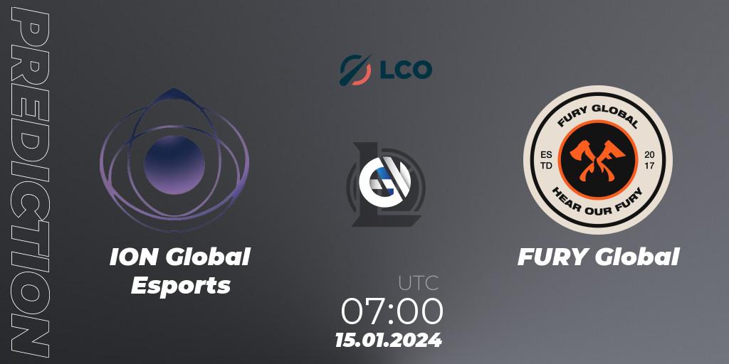 ION Global Esports contre FURY Global : prédiction de match. 15.01.2024 at 07:00. LoL, LCO Split 1 2024 - Group Stage