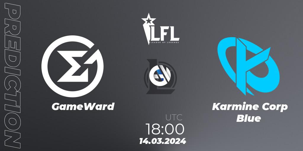 GameWard contre Karmine Corp Blue : prédiction de match. 14.03.2024 at 18:00. LoL, LFL Spring 2024