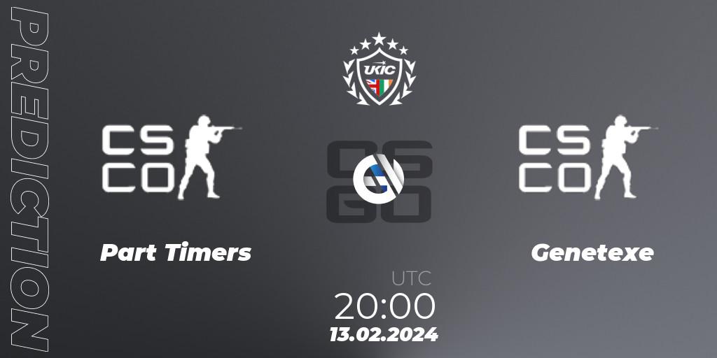Part Timers contre Genetexe : prédiction de match. 13.02.2024 at 20:00. Counter-Strike (CS2), UKIC League Season 1: Division 1