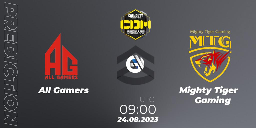 All Gamers contre Mighty Tiger Gaming : prédiction de match. 24.08.2023 at 09:00. Call of Duty, China Masters 2023 S6 - Stage 2