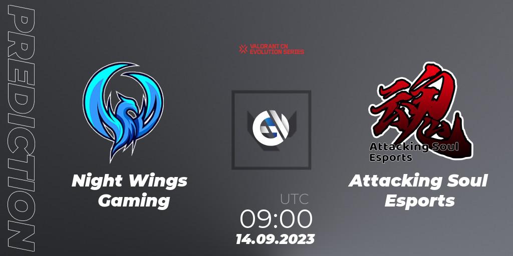 Night Wings Gaming contre Attacking Soul Esports : prédiction de match. 14.09.2023 at 09:00. VALORANT, VALORANT China Evolution Series Act 1: Variation - Play-In