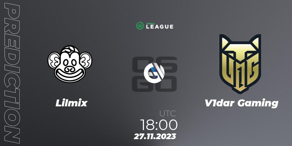 Lilmix contre V1dar Gaming : prédiction de match. 27.11.2023 at 18:00. Counter-Strike (CS2), ESEA Season 47: Advanced Division - Europe