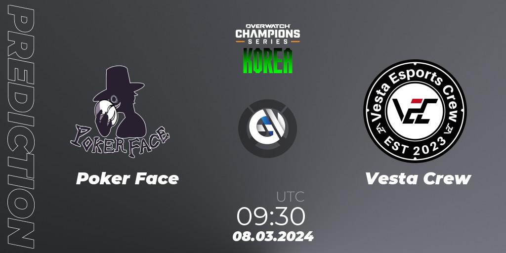 Poker Face contre Vesta Crew : prédiction de match. 08.03.2024 at 09:30. Overwatch, Overwatch Champions Series 2024 - Stage 1 Korea