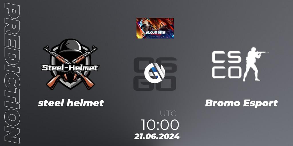 steel helmet contre Bromo Esport : prédiction de match. 21.06.2024 at 10:00. Counter-Strike (CS2), QU Pro League