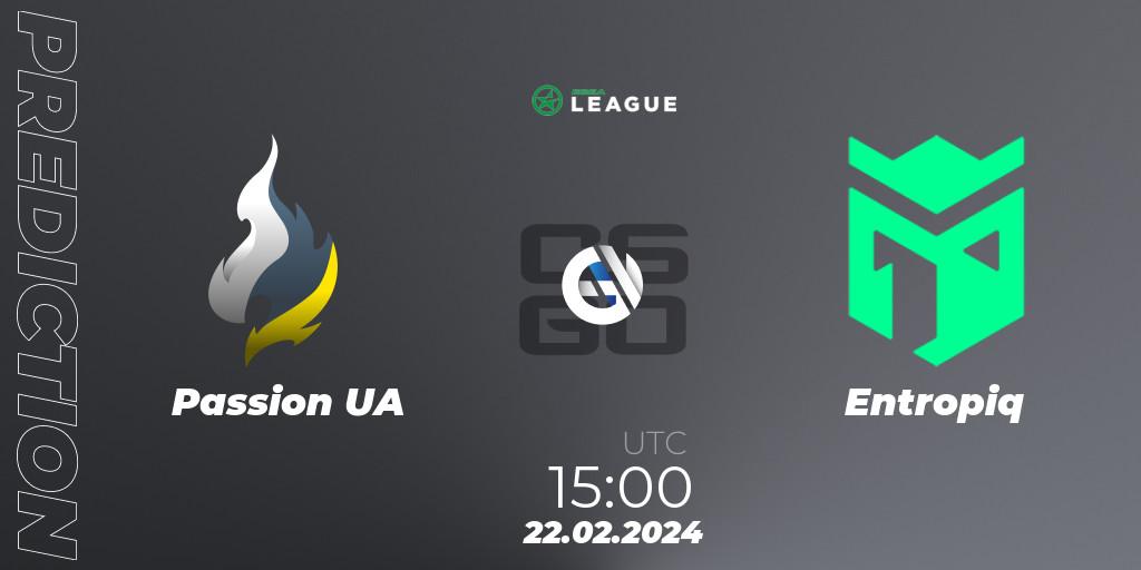 Passion UA contre Entropiq : prédiction de match. 22.02.2024 at 15:00. Counter-Strike (CS2), ESEA Season 48: Advanced Division - Europe