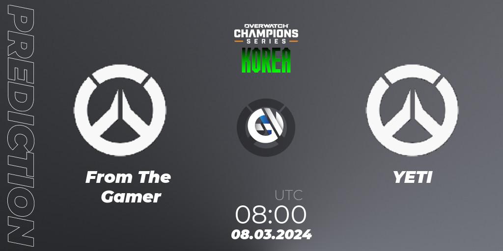 From The Gamer contre YETI : prédiction de match. 08.03.2024 at 08:00. Overwatch, Overwatch Champions Series 2024 - Stage 1 Korea