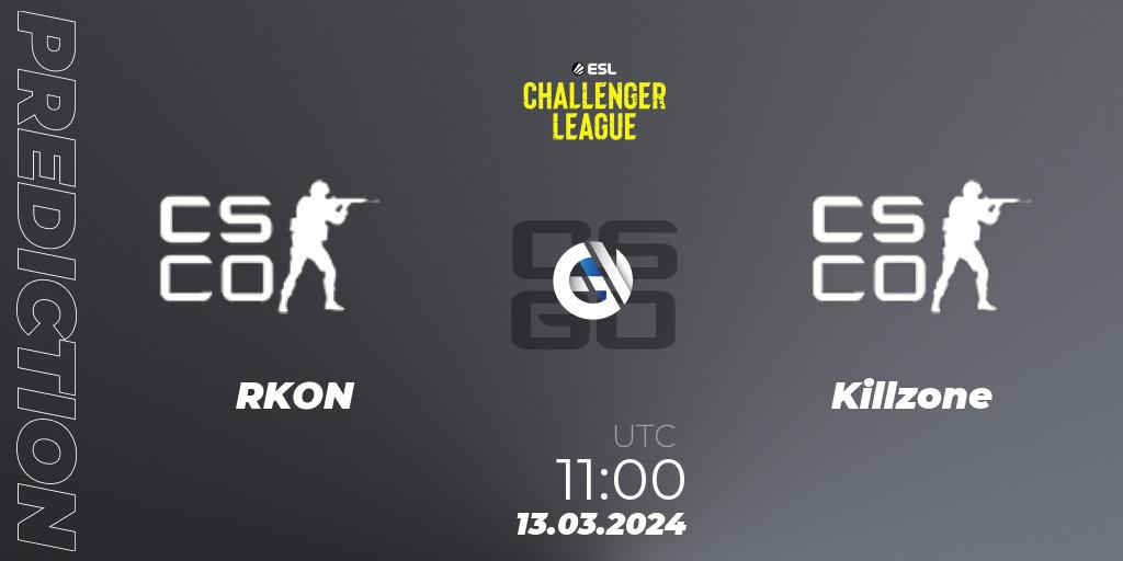 RKON contre Killzone : prédiction de match. 13.03.2024 at 11:00. Counter-Strike (CS2), ESL Challenger League Season 47: Oceania