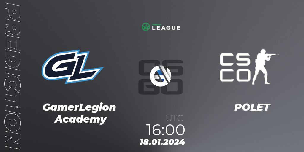GamerLegion Academy contre POLET : prédiction de match. 18.01.2024 at 16:00. Counter-Strike (CS2), ESEA Season 48: Advanced Division - Europe