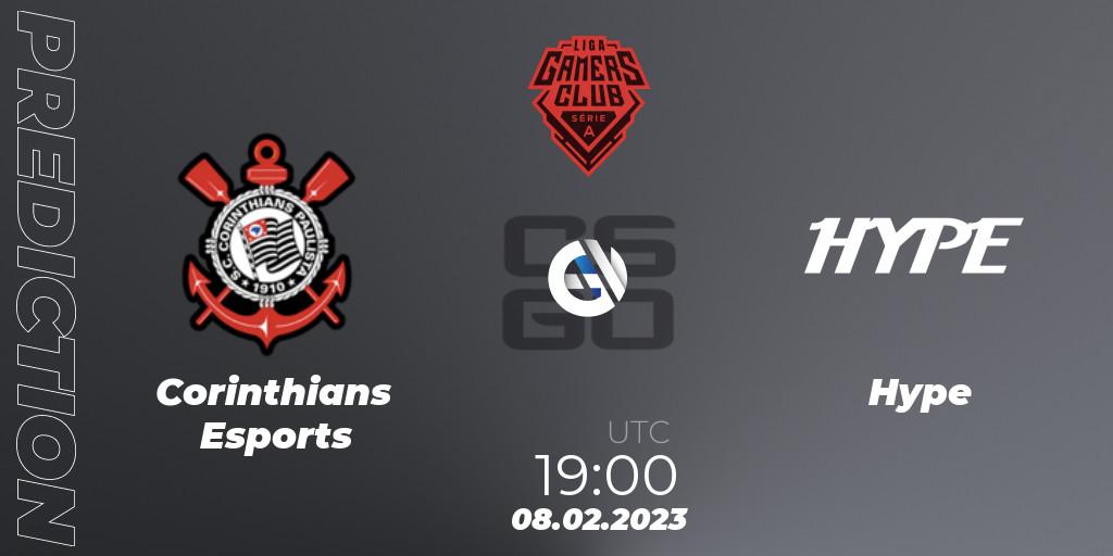 Corinthians Esports contre Hype : prédiction de match. 08.02.2023 at 19:00. Counter-Strike (CS2), Gamers Club Liga Série A: January 2023