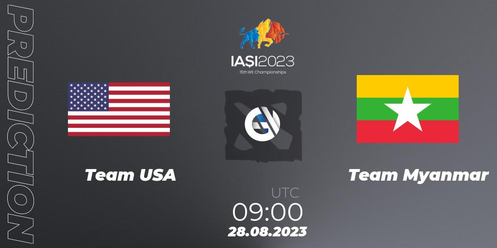 Team USA contre Team Myanmar : prédiction de match. 28.08.2023 at 09:50. Dota 2, IESF World Championship 2023