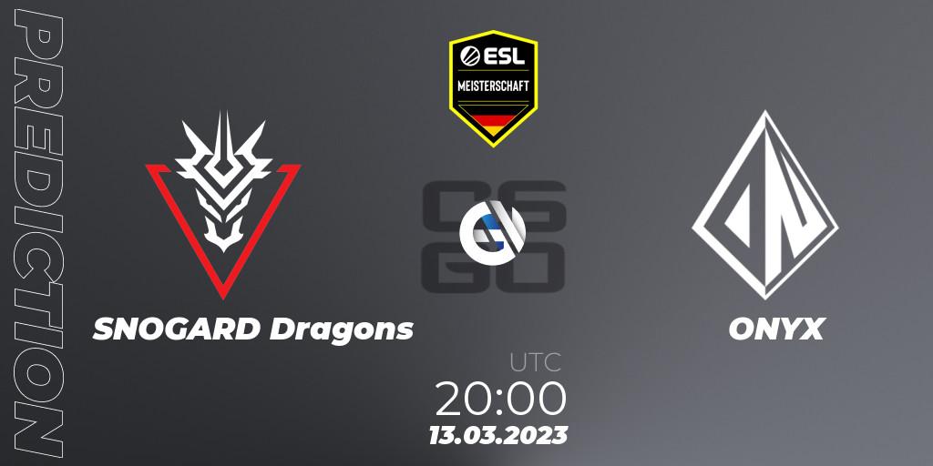 SNOGARD Dragons contre ONYX : prédiction de match. 13.03.2023 at 20:00. Counter-Strike (CS2), ESL Meisterschaft: Spring 2023