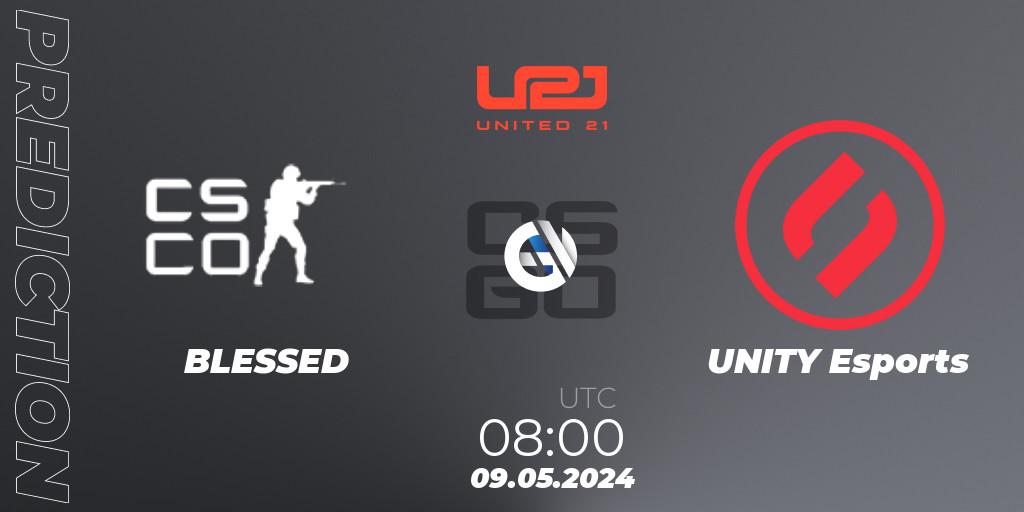 BLESSED contre UNITY Esports : prédiction de match. 09.05.2024 at 08:00. Counter-Strike (CS2), United21 Season 15