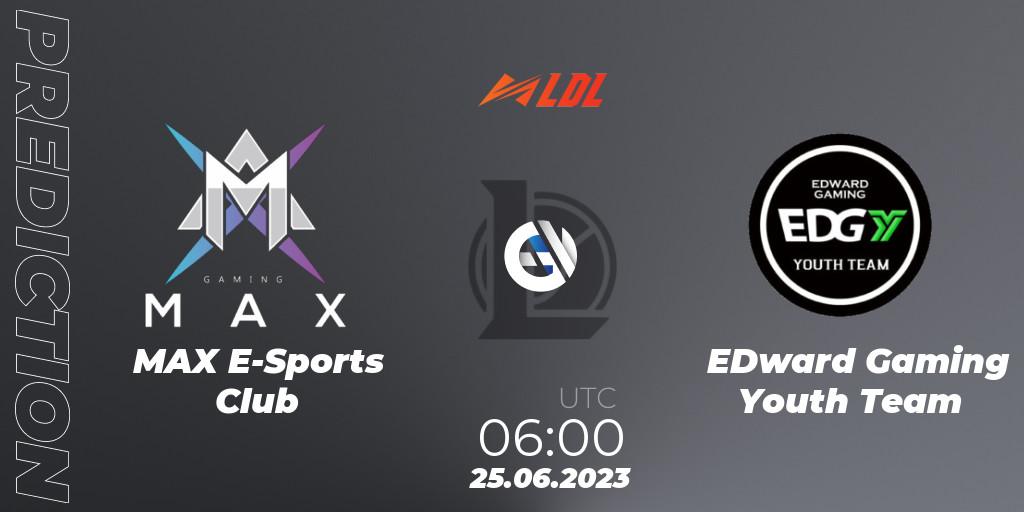 MAX E-Sports Club contre EDward Gaming Youth Team : prédiction de match. 25.06.2023 at 06:00. LoL, LDL 2023 - Regular Season - Stage 3