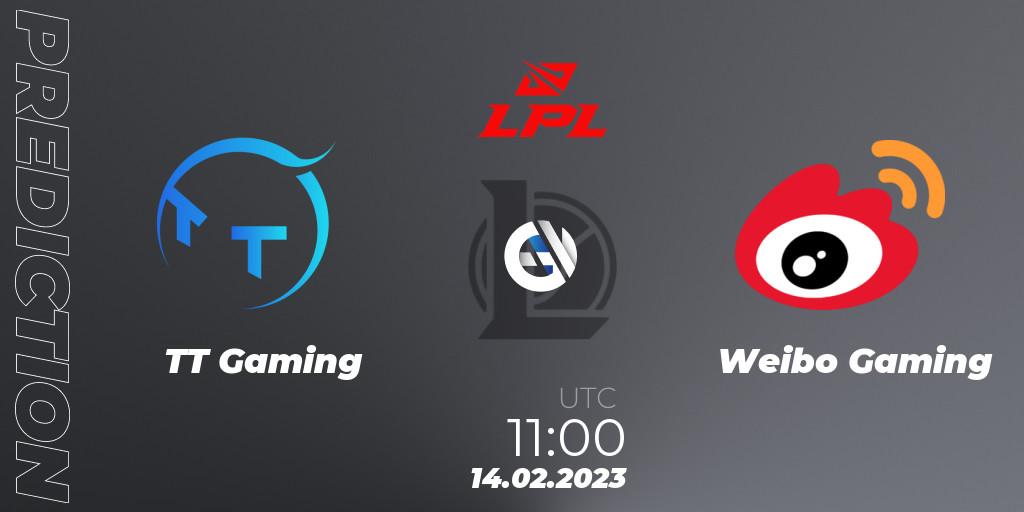 TT Gaming contre Weibo Gaming : prédiction de match. 14.02.2023 at 11:45. LoL, LPL Spring 2023 - Group Stage
