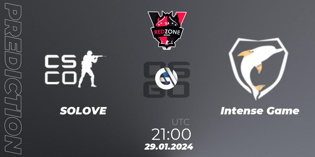 SOLOVE contre Intense Game : prédiction de match. 29.01.2024 at 21:00. Counter-Strike (CS2), RedZone PRO League Season 1