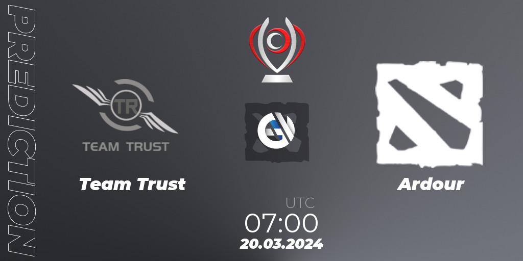 Team Trust contre Ardour : prédiction de match. 29.03.2024 at 07:00. Dota 2, Opus League
