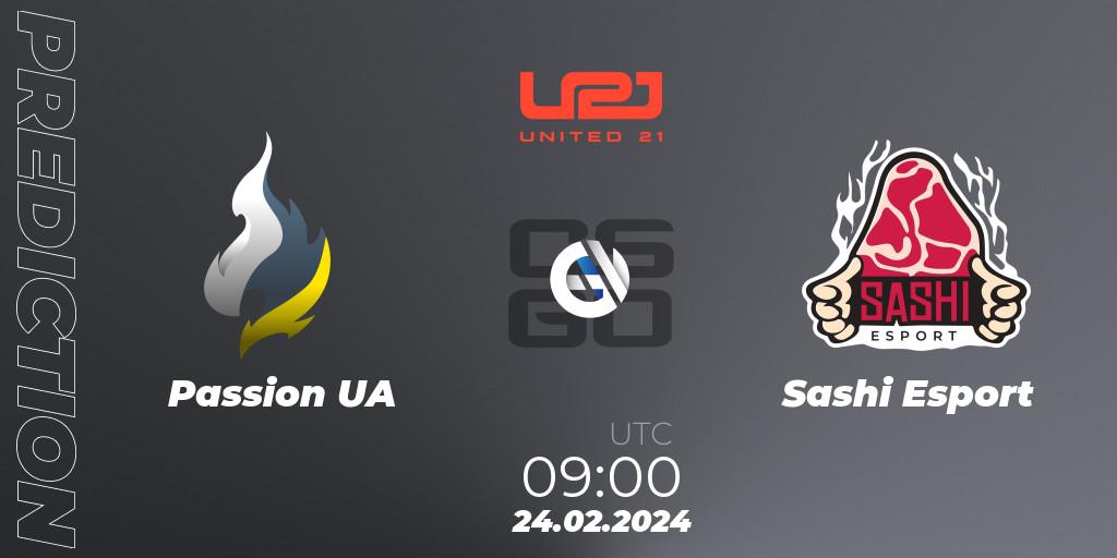 Passion UA contre Sashi Esport : prédiction de match. 24.02.2024 at 09:00. Counter-Strike (CS2), United21 Season 12