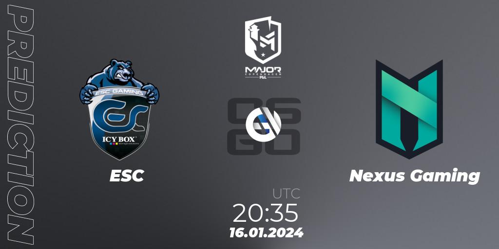 ESC contre Nexus Gaming : prédiction de match. 16.01.24. CS2 (CS:GO), PGL CS2 Major Copenhagen 2024 Europe RMR Open Qualifier 4