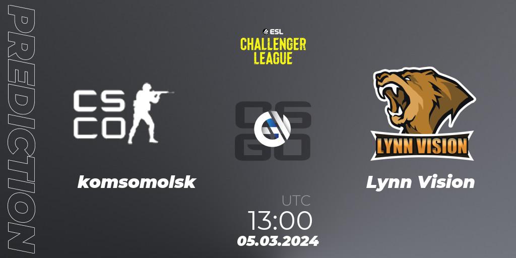 komsomolsk contre Lynn Vision : prédiction de match. 05.03.2024 at 13:00. Counter-Strike (CS2), ESL Challenger League Season 47: Asia