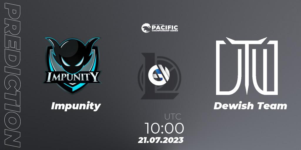 Impunity contre Dewish Team : prédiction de match. 21.07.2023 at 10:00. LoL, PACIFIC Championship series Group Stage