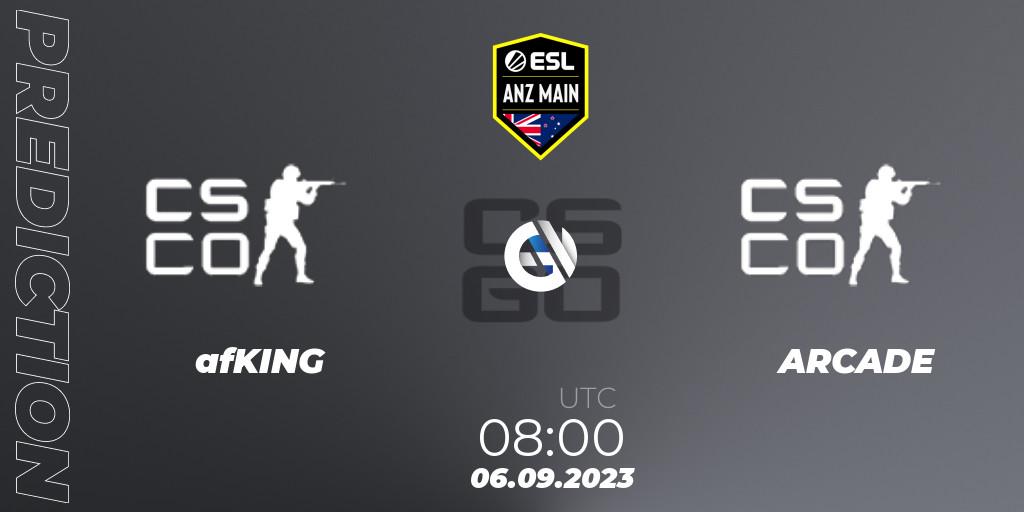 afKING contre ARCADE : prédiction de match. 06.09.2023 at 08:00. Counter-Strike (CS2), ESL ANZ Main Season 17