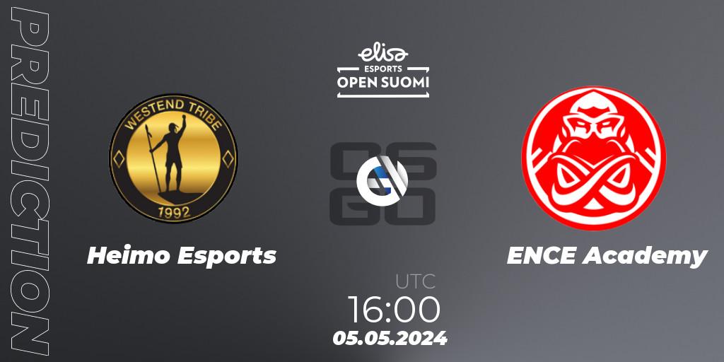 Heimo Esports contre ENCE Academy : prédiction de match. 05.05.2024 at 16:00. Counter-Strike (CS2), Elisa Open Suomi Season 6