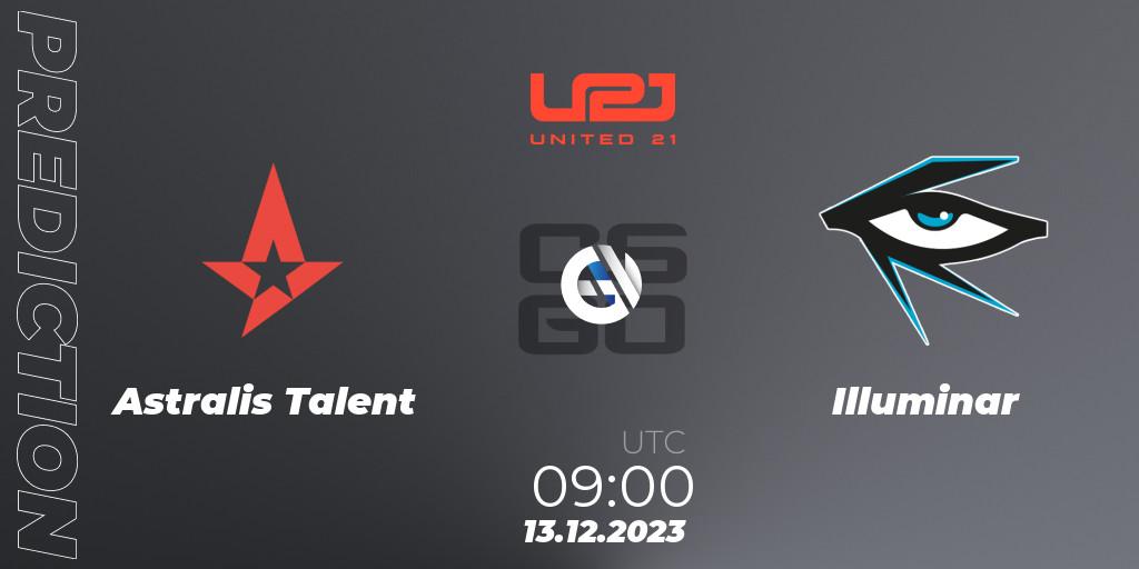 Astralis Talent contre Illuminar : prédiction de match. 13.12.2023 at 09:00. Counter-Strike (CS2), United21 Season 9