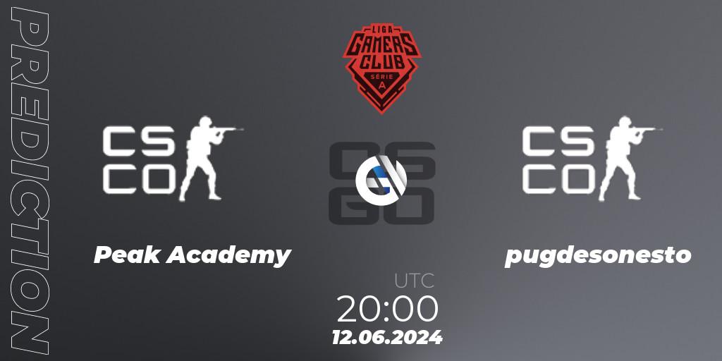 Peak Academy contre pugdesonesto : prédiction de match. 12.06.2024 at 20:00. Counter-Strike (CS2), Gamers Club Liga Série A: June 2024