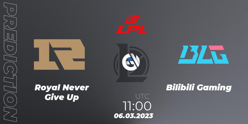 Royal Never Give Up contre Bilibili Gaming : prédiction de match. 06.03.2023 at 11:20. LoL, LPL Spring 2023 - Group Stage