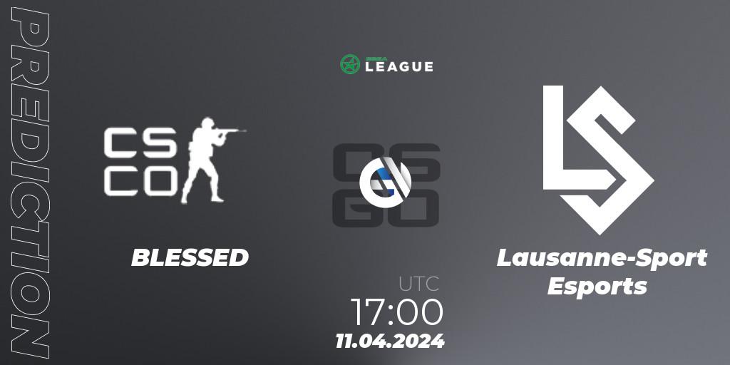 BLESSED contre Lausanne-Sport Esports : prédiction de match. 11.04.2024 at 17:00. Counter-Strike (CS2), ESEA Season 49: Advanced Division - Europe
