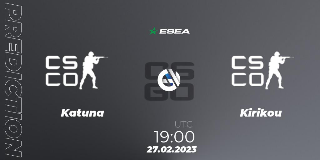 Katuna contre Kirikou : prédiction de match. 02.03.2023 at 15:00. Counter-Strike (CS2), ESEA Season 44: Advanced Division - Europe