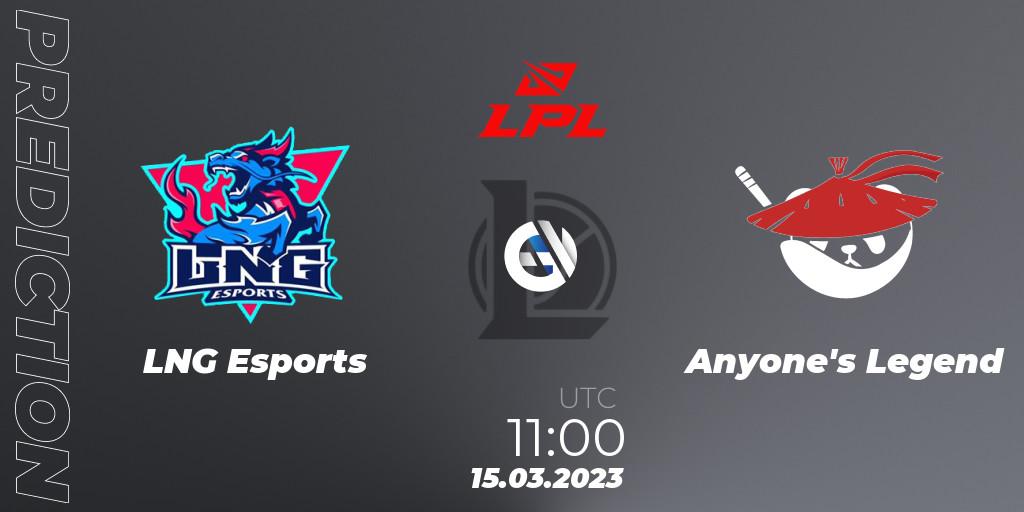 LNG Esports contre Anyone's Legend : prédiction de match. 15.03.2023 at 11:00. LoL, LPL Spring 2023 - Group Stage