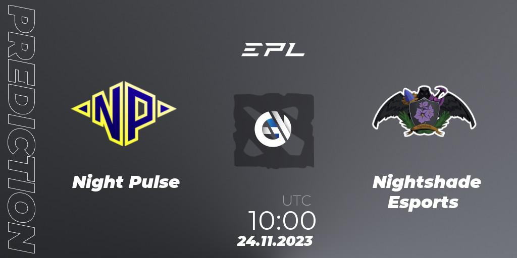Night Pulse contre Nightshade Esports : prédiction de match. 26.11.2023 at 10:03. Dota 2, European Pro League Season 14
