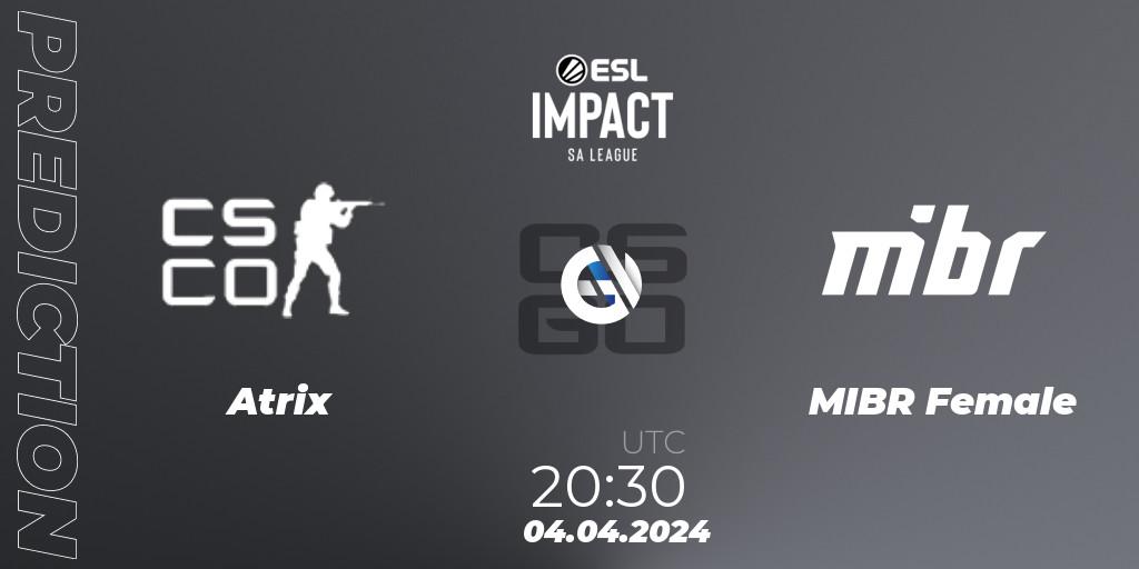 Atrix contre MIBR Female : prédiction de match. 04.04.2024 at 20:30. Counter-Strike (CS2), ESL Impact League Season 5: South America