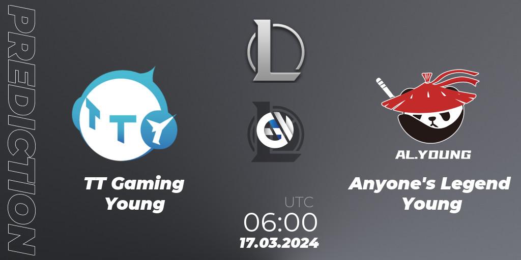 TT Gaming Young contre Anyone's Legend Young : prédiction de match. 17.03.2024 at 06:00. LoL, LDL 2024 - Stage 1