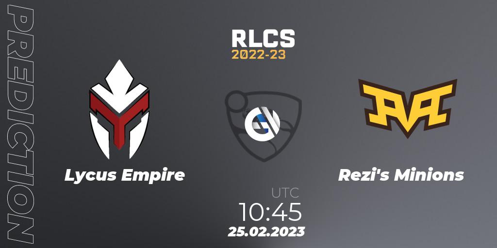 Lycus Empire contre Rezi's Minions : prédiction de match. 25.02.2023 at 10:45. Rocket League, RLCS 2022-23 - Winter: Asia-Pacific Regional 3 - Winter Invitational