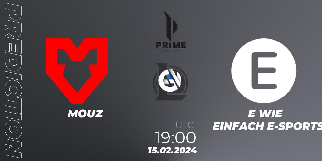 MOUZ contre E WIE EINFACH E-SPORTS : prédiction de match. 17.01.2024 at 20:00. LoL, Prime League Spring 2024 - Group Stage