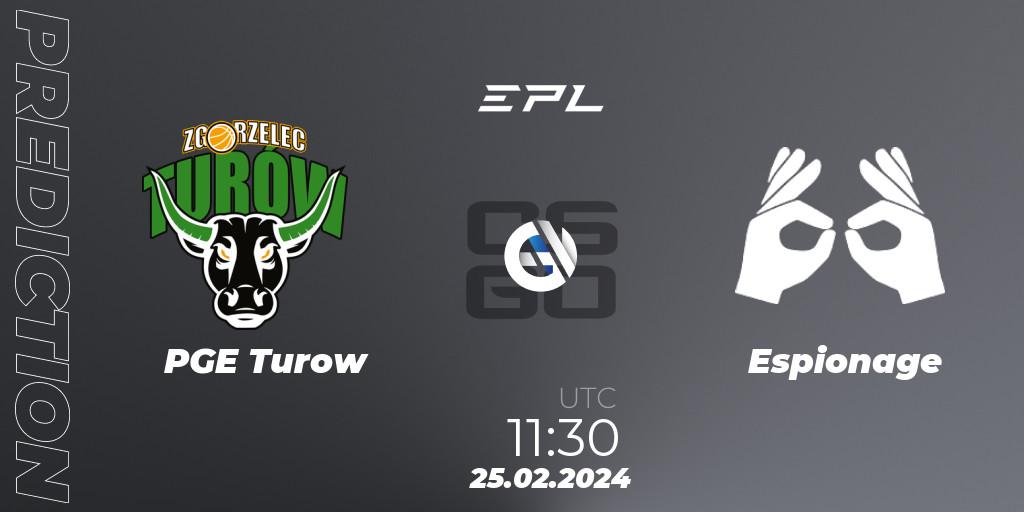 PGE Turow contre Espionage : prédiction de match. 25.02.2024 at 12:10. Counter-Strike (CS2), European Pro League Season 15: Division 2