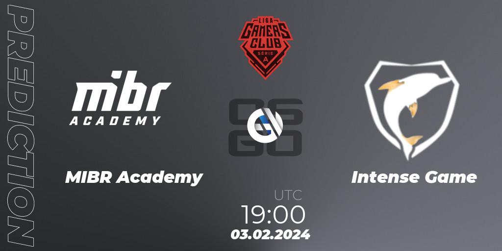 MIBR Academy contre Intense Game : prédiction de match. 03.02.2024 at 19:00. Counter-Strike (CS2), Gamers Club Liga Série A: January 2024