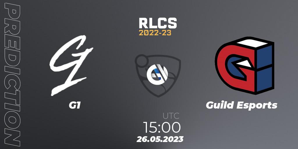 G1 contre Guild Esports : prédiction de match. 26.05.2023 at 15:00. Rocket League, RLCS 2022-23 - Spring: Europe Regional 2 - Spring Cup