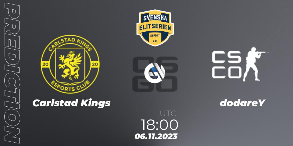 Carlstad Kings contre dodareY : prédiction de match. 06.11.2023 at 18:00. Counter-Strike (CS2), Svenska Elitserien Fall 2023: Online Stage