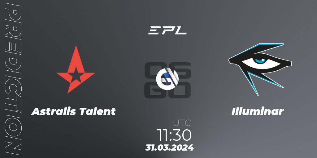 Astralis Talent contre Illuminar : prédiction de match. 30.03.2024 at 14:00. Counter-Strike (CS2), European Pro League Season 16: Division 2