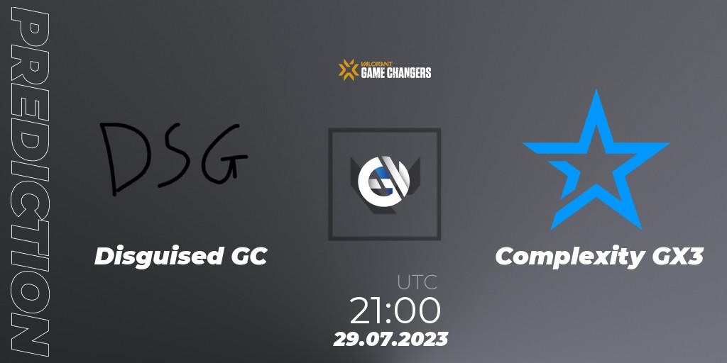 Disguised GC contre Complexity GX3 : prédiction de match. 29.07.2023 at 21:10. VALORANT, VCT 2023: Game Changers North America Series S2