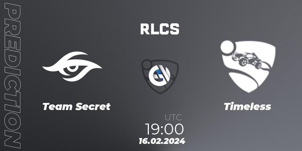 Team Secret contre Timeless : prédiction de match. 16.02.2024 at 19:00. Rocket League, RLCS 2024 - Major 1: SAM Open Qualifier 2