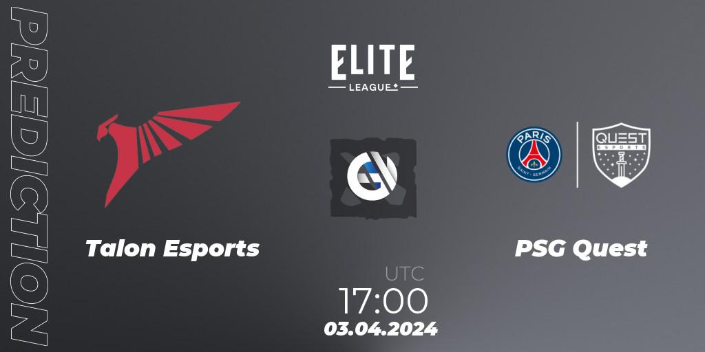 Talon Esports contre PSG Quest : prédiction de match. 03.04.24. Dota 2, Elite League: Swiss Stage