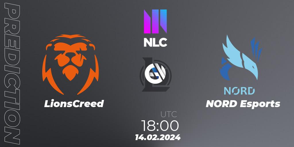LionsCreed contre NORD Esports : prédiction de match. 14.02.2024 at 18:00. LoL, NLC 1st Division Spring 2024