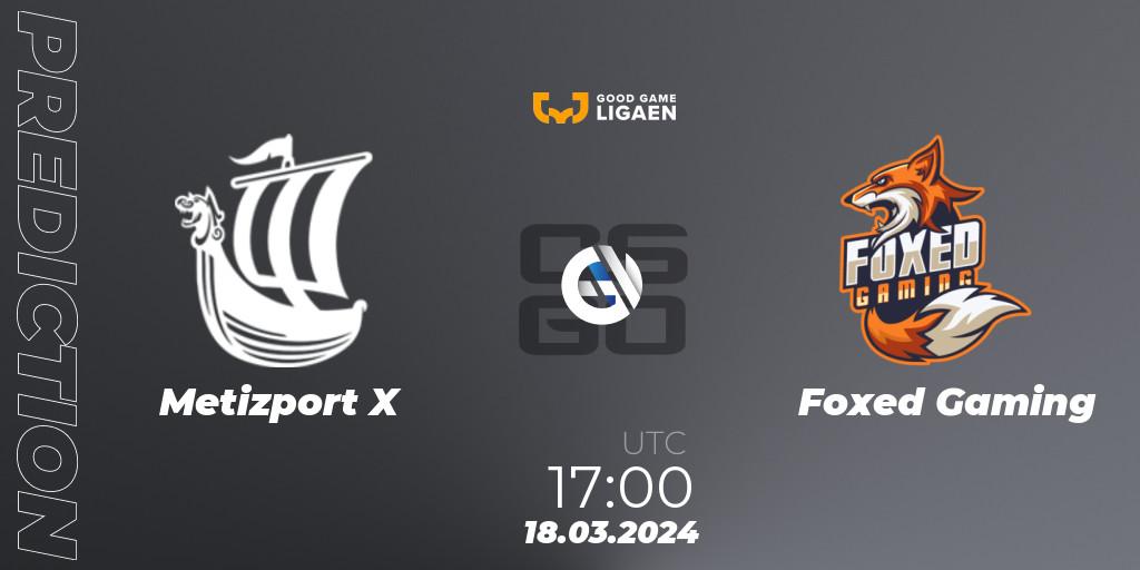 Metizport X contre Foxed Gaming : prédiction de match. 18.03.2024 at 17:00. Counter-Strike (CS2), Good Game-ligaen Spring 2024